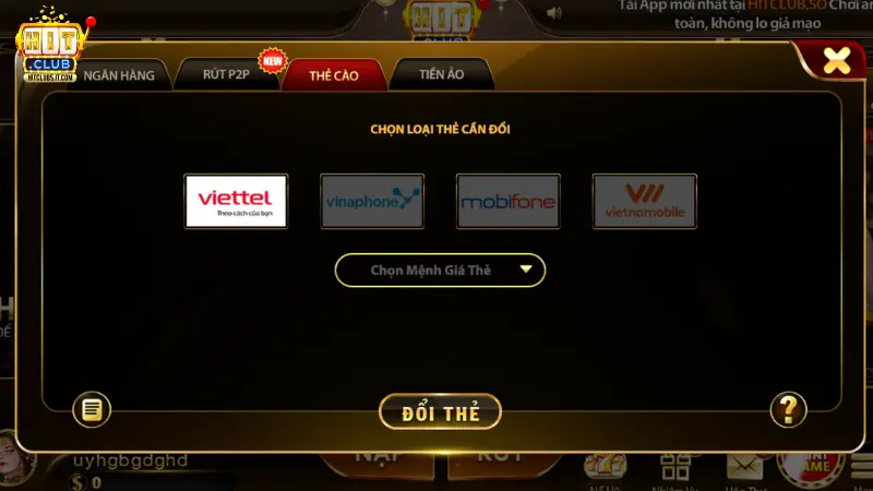 Rút tiền Hitclub qua thẻ cào điện thoại